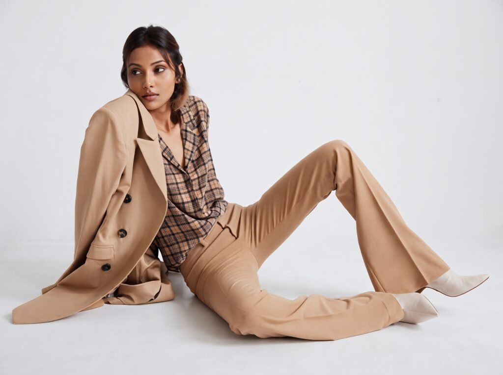 Blazer color cammello dalle spalle strutturate indossato in modo destrutturato: tendenza tailoring morbido autunno 2026