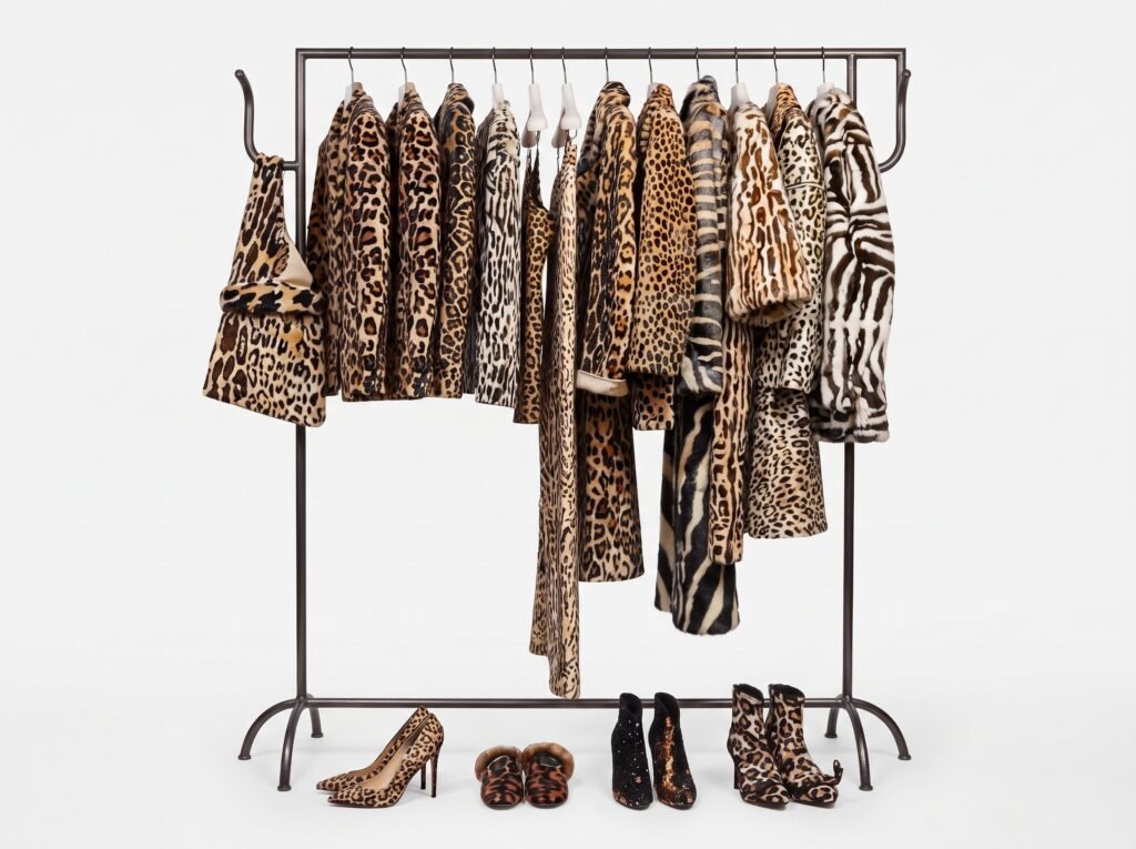 Rastrelliera di capispalla animalier e maculati con scarpe coordinate: tendenza stampe autunno 2026
