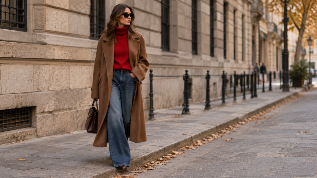 Donna con cappotto oversize color cammello, maglione rosso e jeans a zampa: tendenza autunno 2026