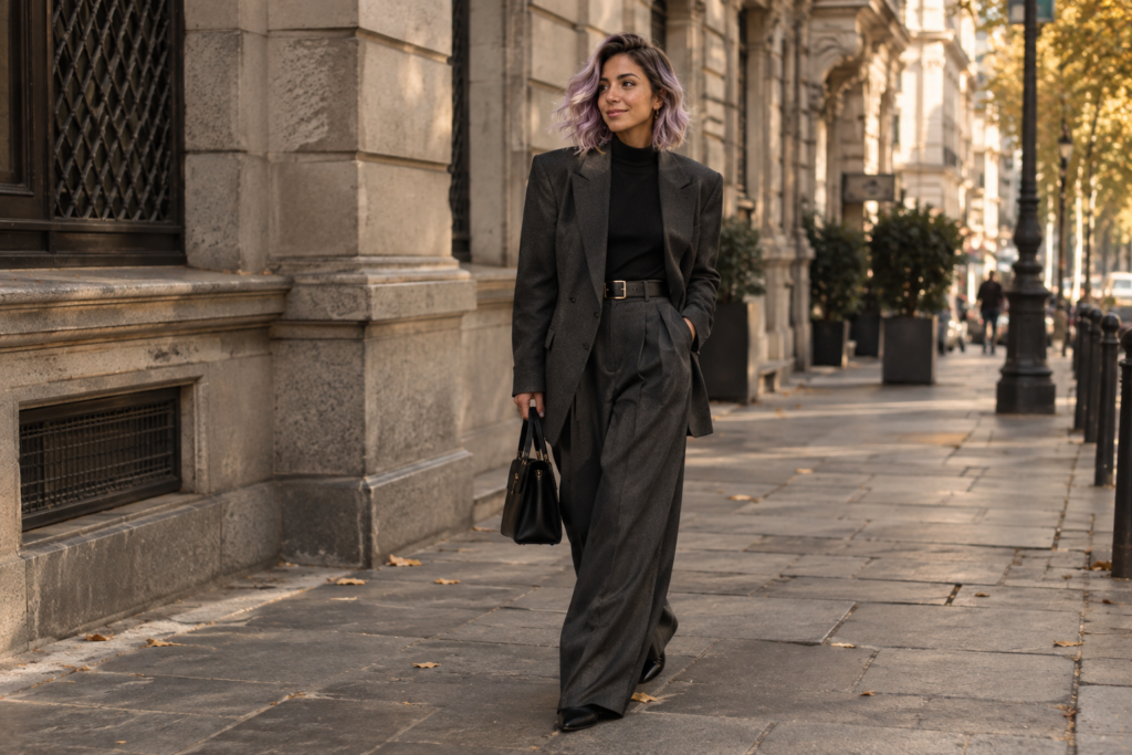Donna con blazer scuro strutturato e pantaloni sartoriali ampi: tendenza tailoring autunno 2026