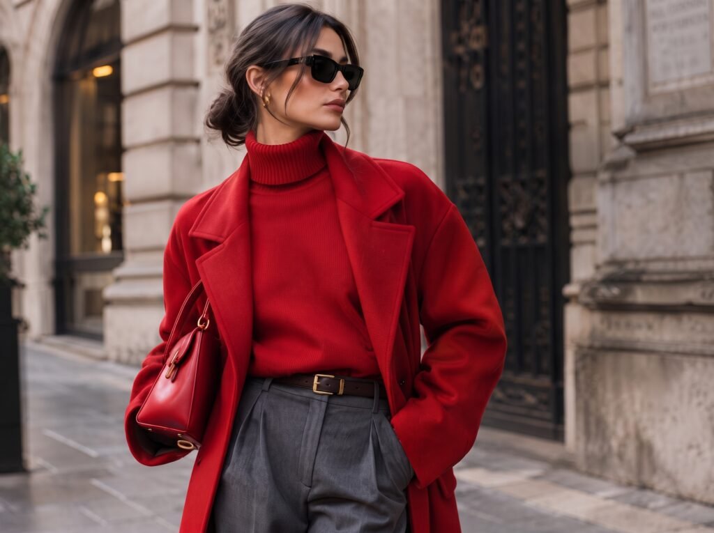 Donna con cappotto grigio, dolcevita rosso e borsa rossa: tendenza colore autunno 2026
