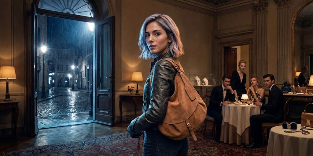 Donna con borsa a zaino in pelle color cammello in un interno elegante di sera: le borse protagoniste autunno 2026