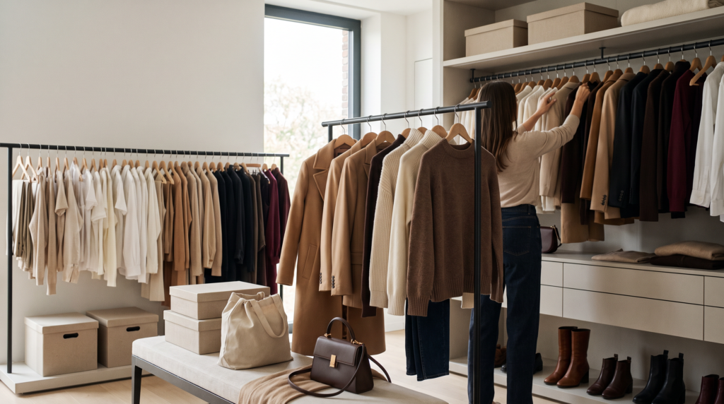 Donna che riorganizza la cabina armadio con capi appesi per colore, scatole e scarpe ordinate: cambio stagione autunno 2026