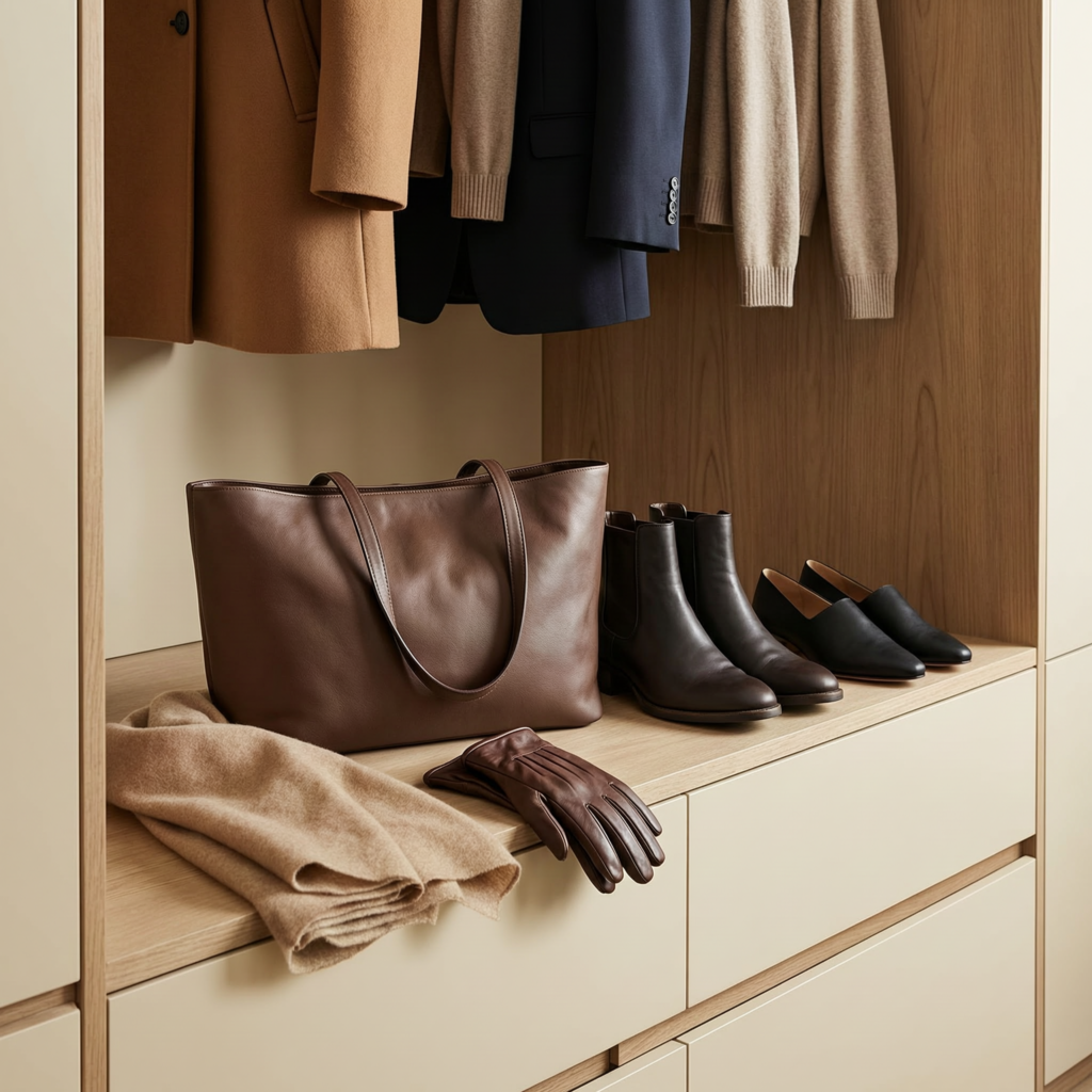 Cabina armadio organizzata con cappotti e giacche appesi, borsa, scarpe e guanti in ordine: capsule wardrobe autunno 2026