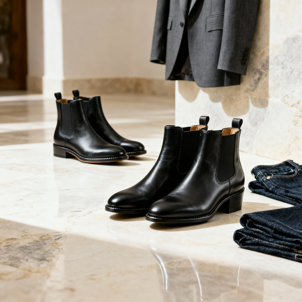 Due paia di stivaletti chelsea in pelle nera su un pavimento in marmo, con blazer grigio e jeans sullo sfondo: dettaglio stivali chelsea