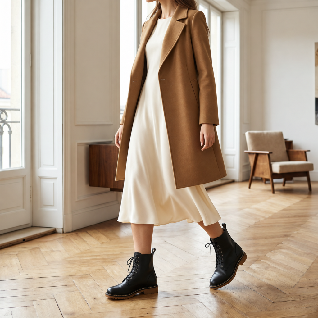 Donna con stivali combat in pelle nera indossati con abito lungo panna e cappotto cammello