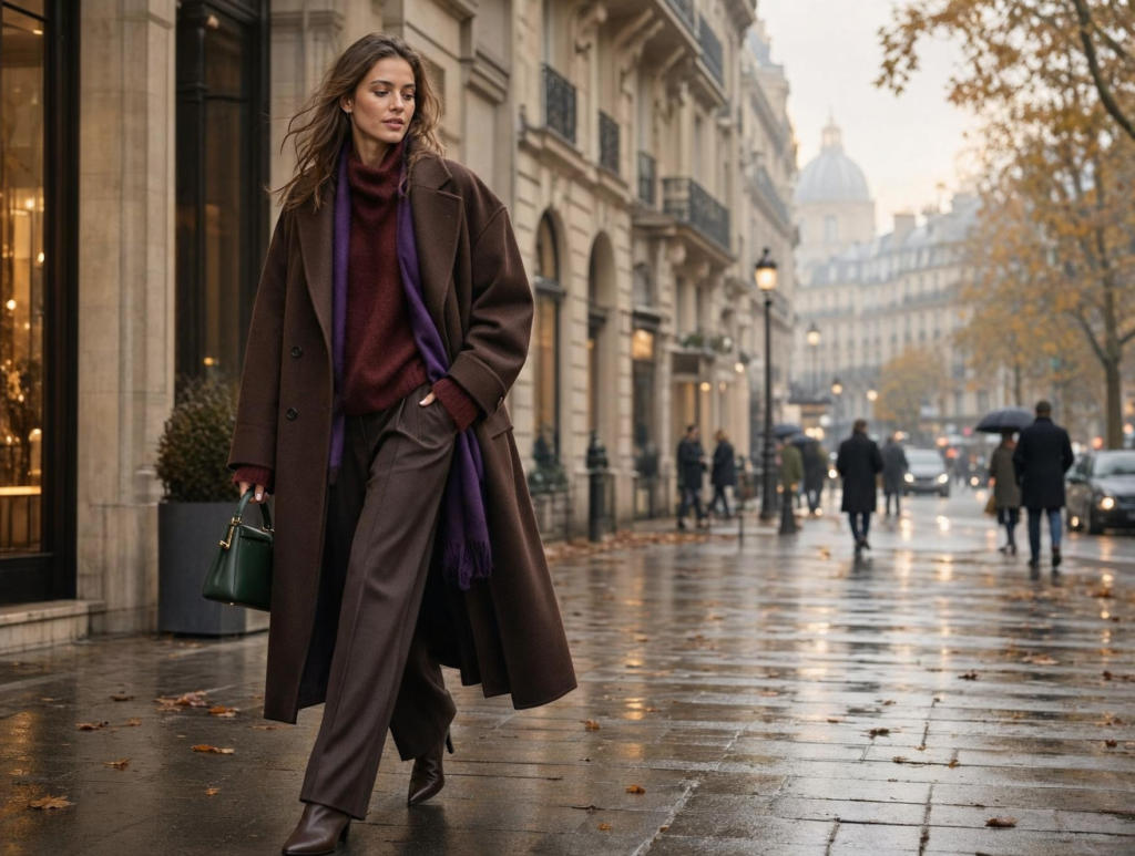Donna con cappotto marrone, maglione bordeaux e sciarpa viola in una via cittadina: palette autunno 2026