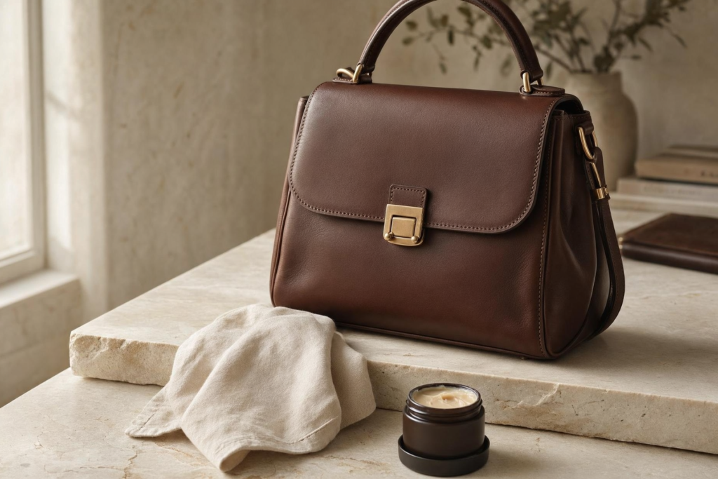 Borsa in pelle marrone con panno morbido e crema per la cura della pelle: dettaglio capo curato