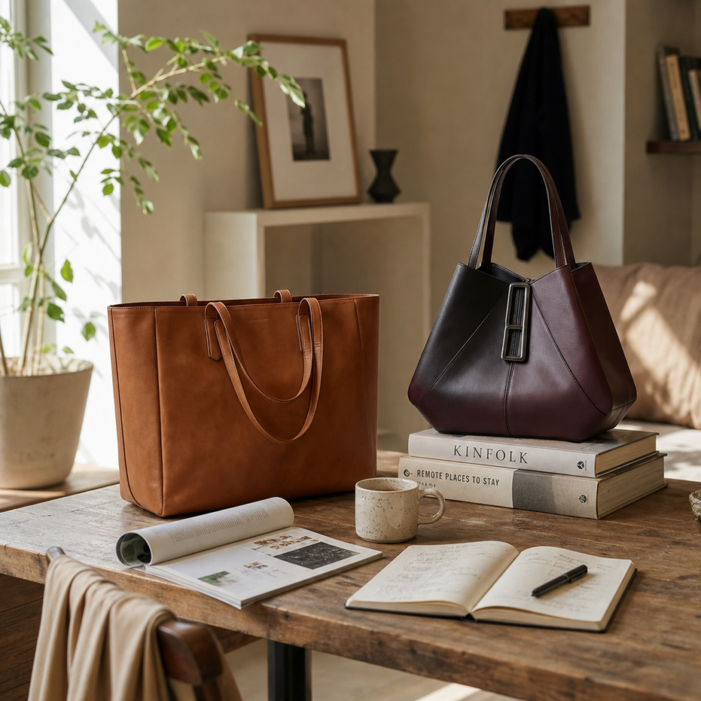 Borsa tote in pelle marrone e borsa scultorea bicolore su un tavolo con libri e rivista: le borse protagoniste autunno 2026