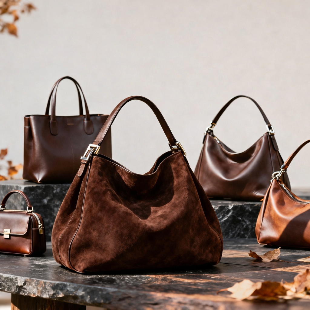 Composizione di borse in pelle e scamosciato color cioccolato dalle forme morbide: tendenza borse autunno 2026