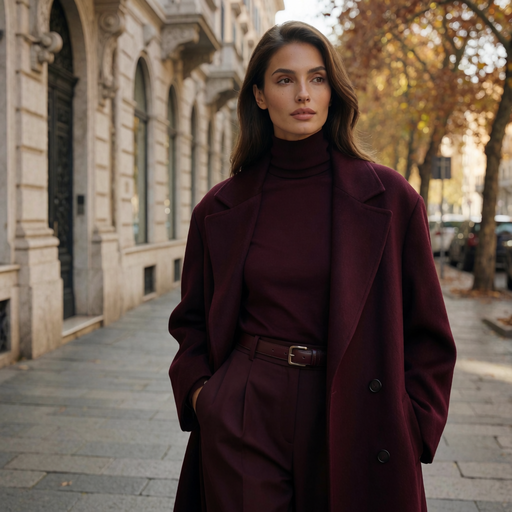 Donna in total look bordeaux, cappotto e pantaloni sartoriali, in una via cittadina: come abbinare il bordeaux autunno 2026