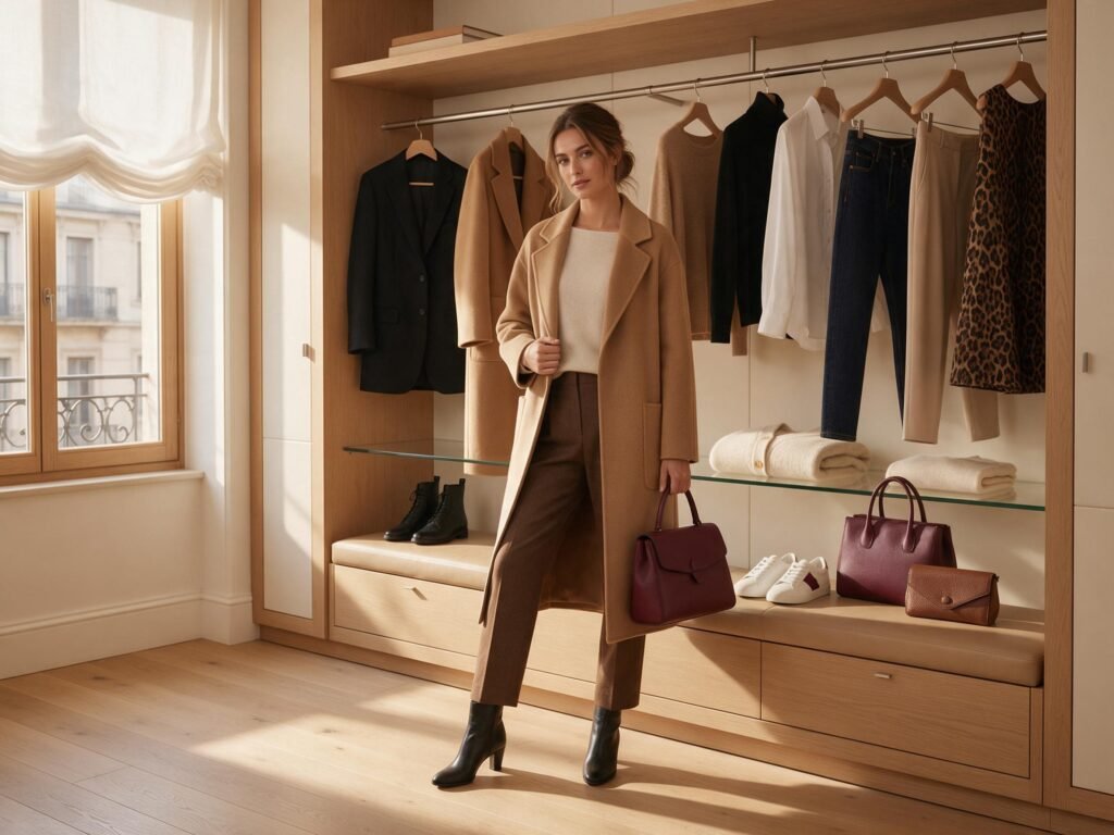 Donna in cabina armadio con cappotto cammello, circondata da capi versatili come blazer, maglioni, jeans e accessori: capsule wardrobe autunno 2026